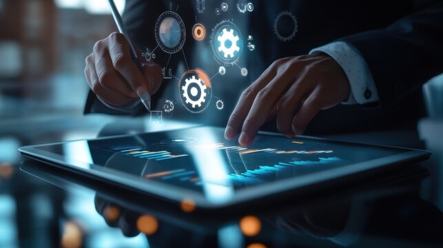 Image of a hand holding a tablet, mobile phone with graphics about a graph that represents business, finance, the increase or decrease of goods or services.
