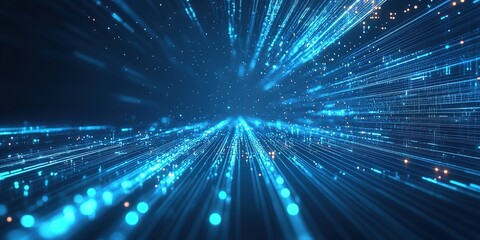 Blue digital speed tunnel lights, abstract tech background.