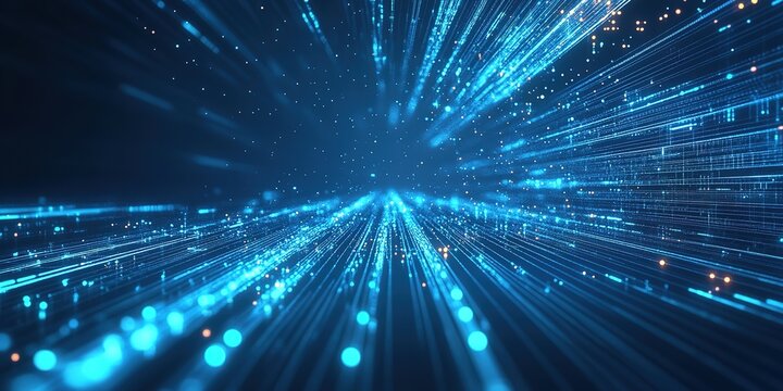 Blue digital speed tunnel lights, abstract tech background.