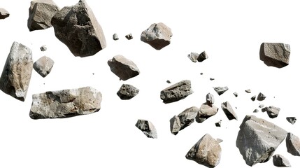 Naklejka premium Isolated falling rocks on a white background create a dramatic and textured scene. A captivating display of natural elements against a pure backdrop.