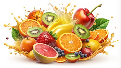 Naklejka premium Realistic fruits juice splash burst composition