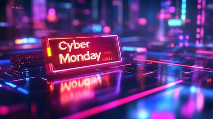 Neon Cyber Monday sign in futuristic cityscape