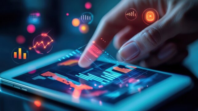 Image of a hand holding a tablet, mobile phone with graphics about a graph that represents business, finance, the increase or decrease of goods or services.