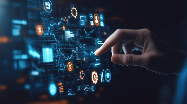 Image of a hand holding a tablet, mobile phone with graphics about a graph that represents business, finance, the increase or decrease of goods or services.