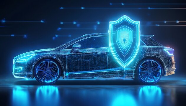 A futuristic car surrounded by a glowing shield, symbolizing enhanced security and technology in automotive design.
