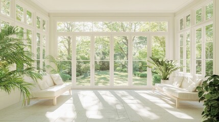 Serene Sunlit Sunroom Oasis - Warm Minimalism Aesthetic Interior with Plants, Comfortable Seating, and Glass Doors for Ultimate Relaxation and Natural Light Streaming In
