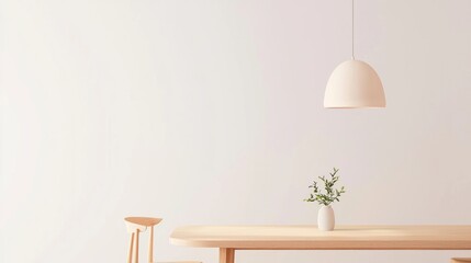 Cozy Minimalism: Serene Dining Room with Wooden Table, Simple Chairs, and Inviting Warm Lighting
