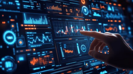 Obraz premium Image of a hand holding a tablet, mobile phone with graphics about a graph that represents business, finance, the increase or decrease of goods or services.