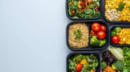 Homemade vegan food in lunch boxes with healthy vegetable fresh from above. Vegan food concept. Healthy food. Flat lay. Top view