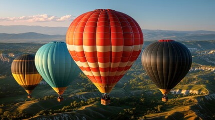 Obraz premium Colorful Hot Air Balloons at Sunrise Over Landscape