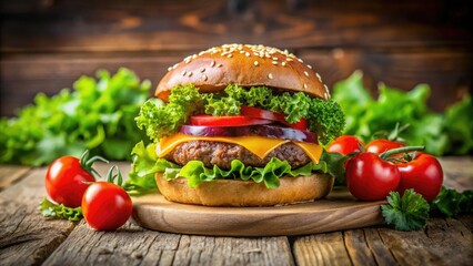 Delicious Gourmet Hamburgers with Fresh Ingredients and High Dynamic Range Lighting