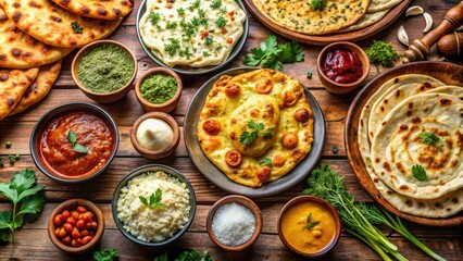 Fototapeta premium Delicious Indian Naan Varieties: Plain, Garlic, Butter, Cheese, and More for Culinary Delight