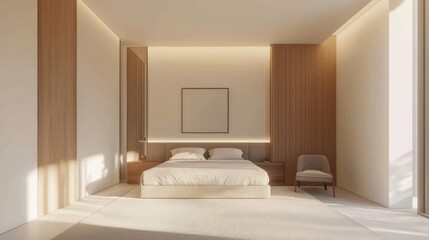 Cozy Minimalism: Serene Bedroom Retreat with Soft Bedding and Warm Wood Accents