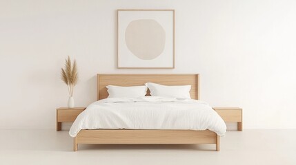 Tranquil Serenity - A Warm Minimalism Aesthetic Bedroom Retreat with Soft Bedding, Minimalist Artwork, and Wood Accents for Rest and Relaxation