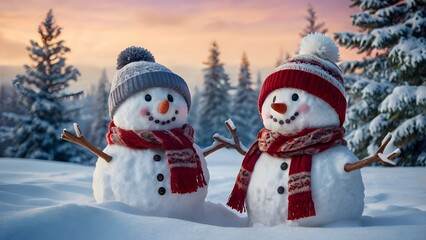 Cheerful snowmen family standing in a snowy Christmas landscape lit by soft morning light snowflakes falling gently pine trees in the background. Wide-angle shot vibrant colors.