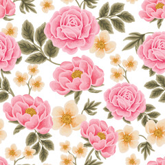 Vintage hand drawn spring flower seamless pattern illustration with rose, peony, daisy, floral bud, wildflowers, and green leaf branch elements for fabric, gift wrapping paper, and decoration