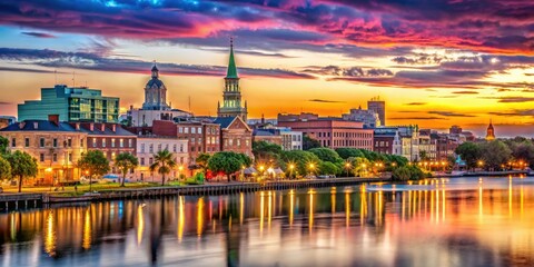 Naklejka premium Charleston Skyline Over Ashley River - Scenic View of South Carolina Cityscape at Dusk