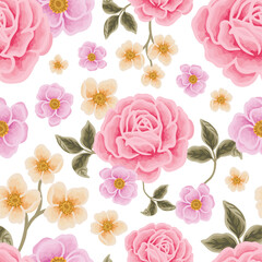 Vintage hand drawn spring flower seamless pattern illustration with rose, peony, daisy, floral bud, wildflowers, and green leaf branch elements for fabric, gift wrapping paper, and decoration