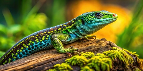 Obraz premium Chic Italian wall lizard perched on a wooden stump, showcasing natureâ€™s grace and style, ideal for wildlife photography and outdoor fashion aesthetics.