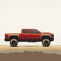 Rustic Red Pickup Truck on Open Dirt Landscape Vector Illustration - Ideal for themes of travel, exploration, and rugged lifestyle.