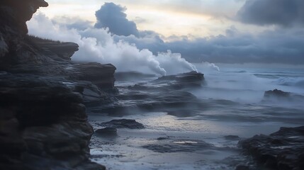 Obraz premium Moody Coastal Dawn: Serene Waves and Rugged Rocks