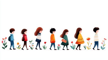 Illustration of diverse individuals walking amidst colorful flowers on a white background.