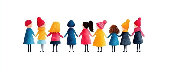 Illustration of diverse women holding hands, showcasing friendship and unity, on white isolated background.
