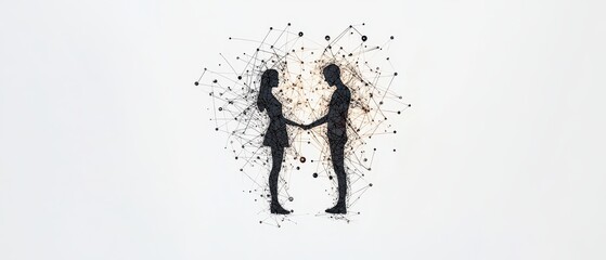 Silhouette of a couple holding hands, surrounded by abstract connections, symbolizing love and connection on a white background.