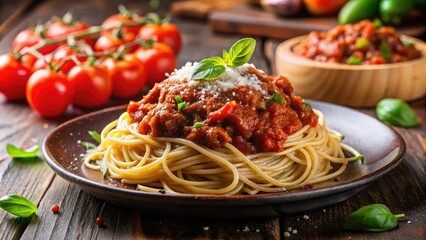 Classic Tomato Bolognese Pasta Dish - Macro Photography of Vertical Angle View