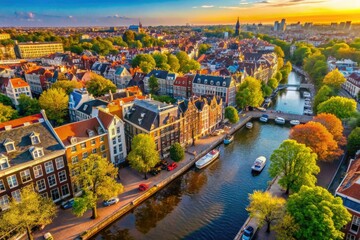 Obraz premium Discover Amsterdam like never before with stunning 4K aerial photography featuring its iconic canals, historical architecture, vibrant homes, and bustling city life for travelers.
