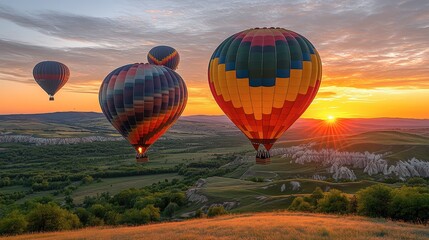 Obraz premium Colorful Hot Air Balloons at Sunrise Over Landscapes