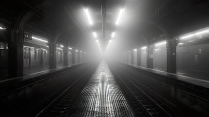 Foggy Subway Platform: A Moment of Tranquility in the City's Underbelly