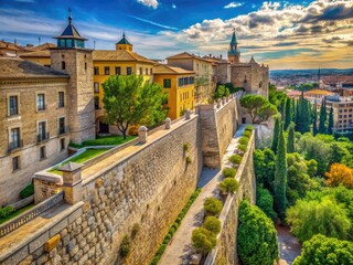 Obraz premium Discover Madrid's ancient stone wall with stucco, revealing a captivating historic landscape rich in architectural detail, rustic charm, and cultural heritage, perfect for travel enthusiasts.