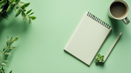 Blank Notebook, Pencil and Succulent on Green Background