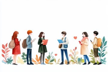 Young people interacting, surrounded by colorful foliage, cheerful and engaged in conversation, white isolated background.