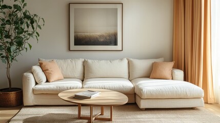A bright, inviting living space featuring a light beige sofa with a chaise lounge