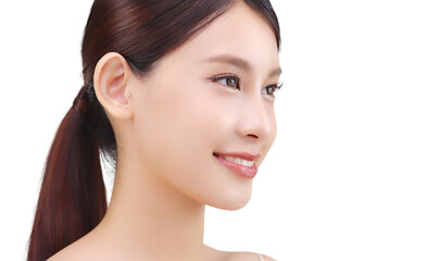 Studio shot Beautiful young Asian woman with clean fresh skin PNG file format transparent background.