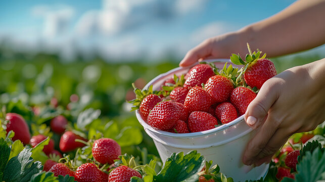 Mature woman putting strawberries in bucket at field
