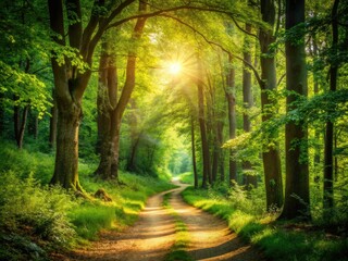 Fototapeta premium Discover tranquil trails amidst lush foliage and stunning natural beauty, creating perfect opportunities for nature enthusiasts and outdoor adventurers in a serene woodland environment.