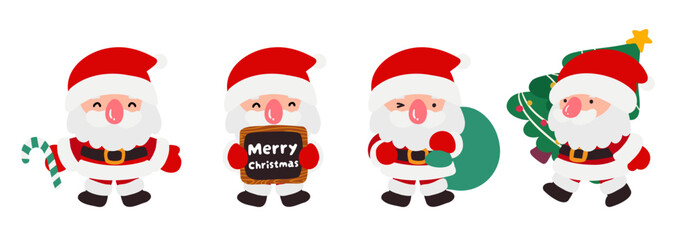 Santa Claus Set with Candy, Gifts, and Christmas Tree in Flat Doodle Style Vector Illustration