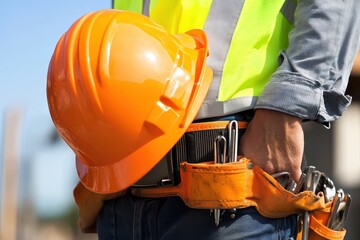 A close-up shot of a construction worker holding an orange hard hat at a job site. The worker's