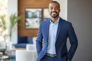 A confident, smiling businessman in a sharp blue suit stands in a modern office setting, exuding