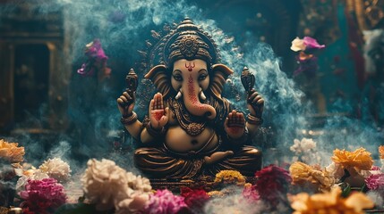Intricate Statue of Ganesha Surrounded by Smoke