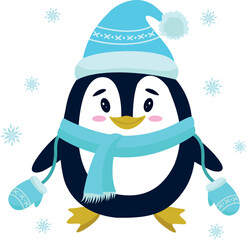 A cute penguin in a hat, mittens and scarf on a background of snowflakes. Christmas vector illustration. Mascot, postcard.