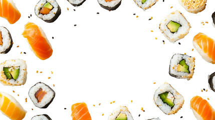 An image of sushi arranged in a circle with space for text.