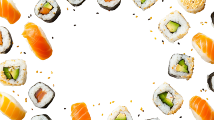 An image of sushi arranged in a circle with space for text.