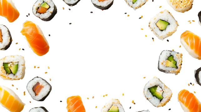 An image of sushi arranged in a circle with space for text.