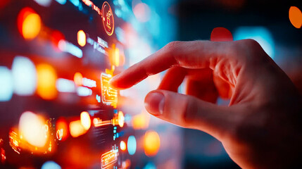 Digital Touch: A fingertip interacts with a vibrant, data-rich digital interface, symbolizing innovation, technology, and the power of human interaction in the digital age.  