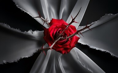 Valentine A single red rose with thorns lies on white fabric with torn edges against a black background.