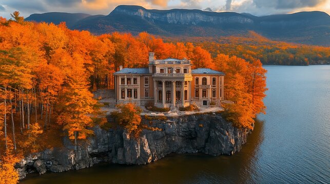 A large mansion sits on a cliff overlooking a lake with a mountain range in the background. The trees are all changing colors for autumn.